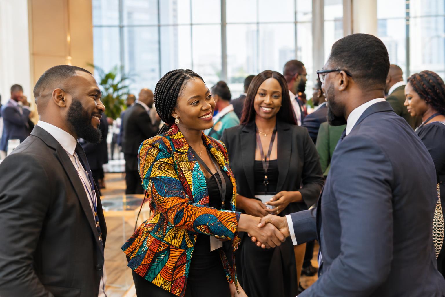 African entrepreneurs networking at a business conference