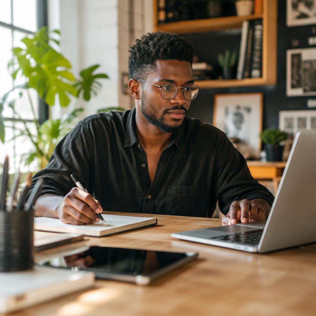 African freelance designer working at a desk