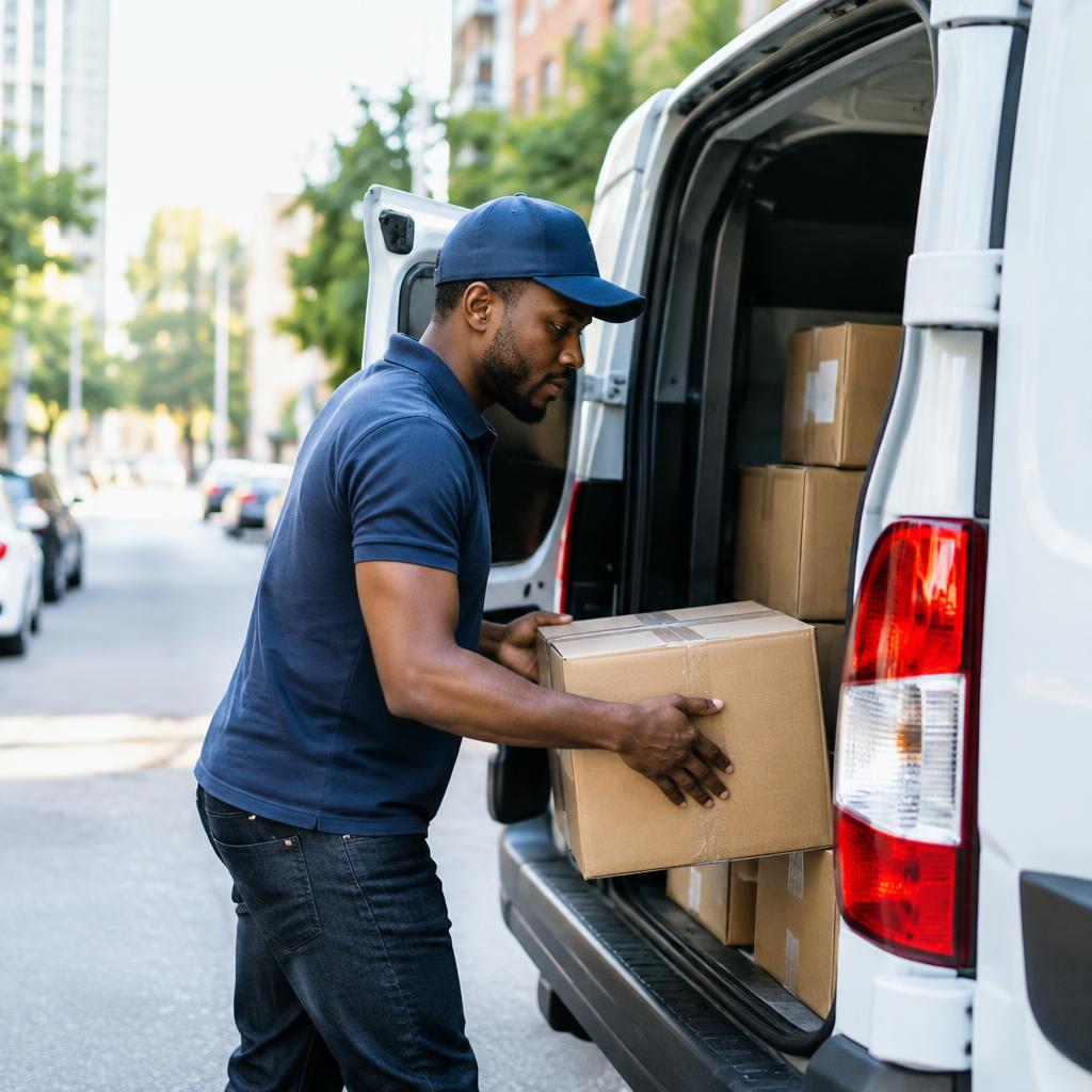 Delivery entrepreneur loading parcels into a van