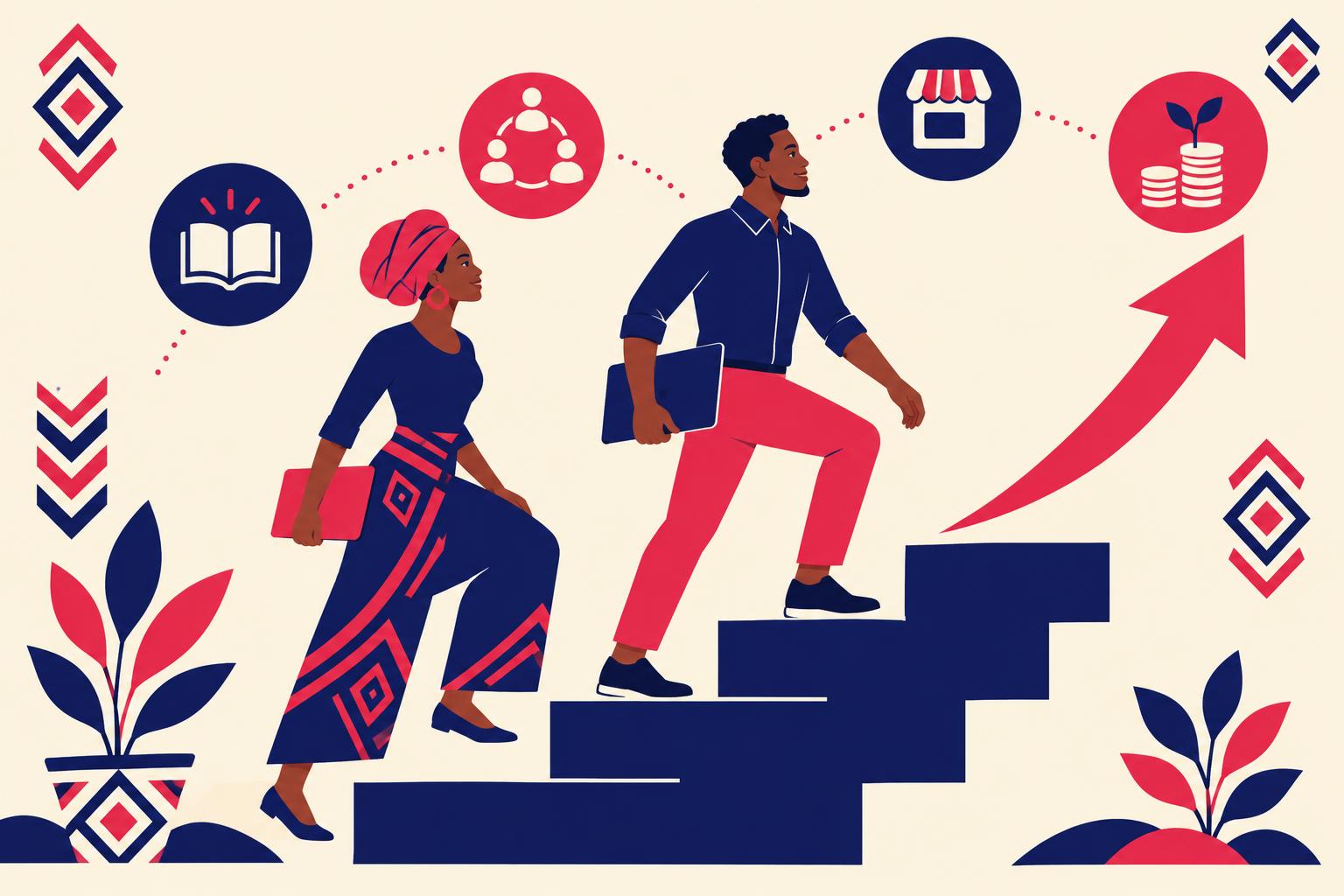 Illustration of African entrepreneurs learning, networking, selling and earning on Timeterest